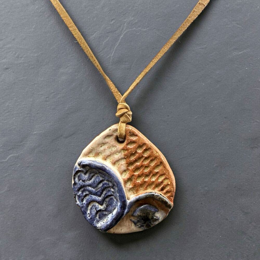 Artisan Handcrafted Studio Pottery Ceramic Pendant Necklace Abstract Clay Suede
